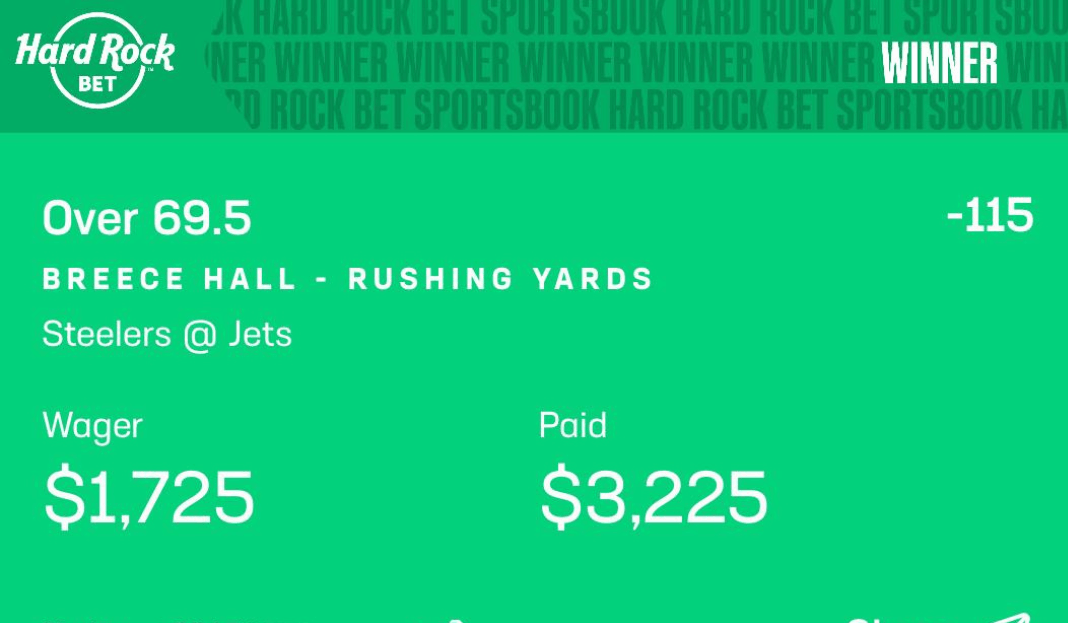 Winning Hard Rock Bet slip — Breece Hall over 69.5 rushing yards, $1,725 wager paid $3,225