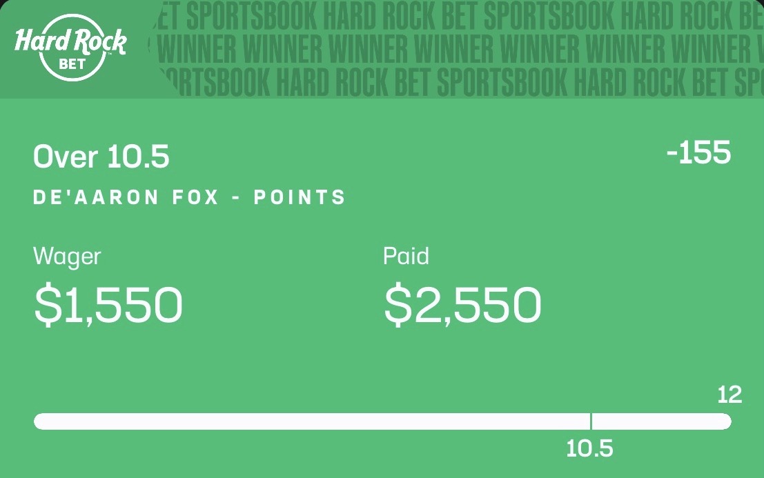 Winning Hard Rock Bet slip — De'Aaron Fox over 17.5 points, Knicks at Spurs, $2,193 wager won $3,947.40