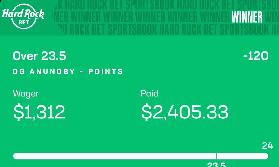 Winning Hard Rock Bet slip — OG Anunoby over 23.5 points, $1,312 wager paid $2,405.33
