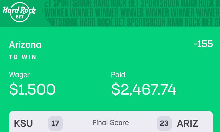 Winning Hard Rock Bet slip — Arizona to win, $1,500 wager paid $2,467.74