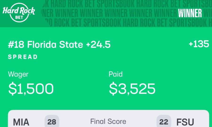 Winning Hard Rock Bet slip — #18 Florida State +24.5 spread, $1,500 wager paid $3,525