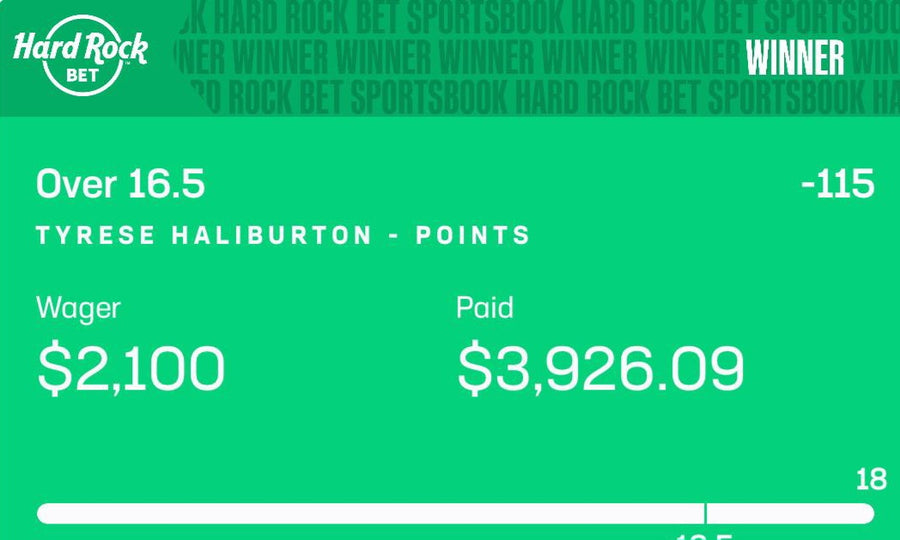 Winning Hard Rock Bet slip — Tyrese Haliburton over 16.5 points, $2,100 wager paid $3,926.09