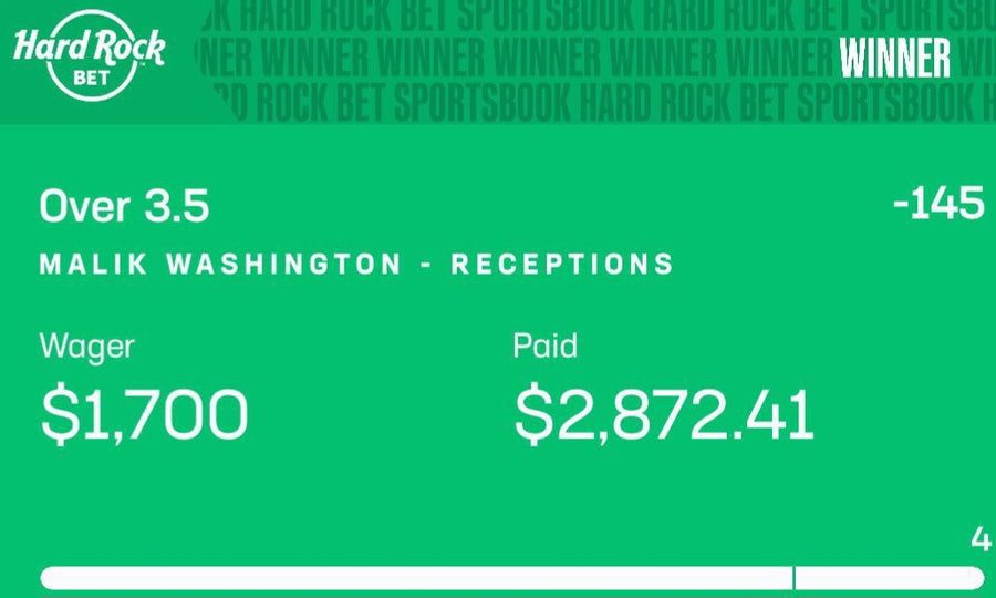 Winning Hard Rock Bet slip — Malik Washington over 3.5 receptions, $1,700 wager paid $2,872.41