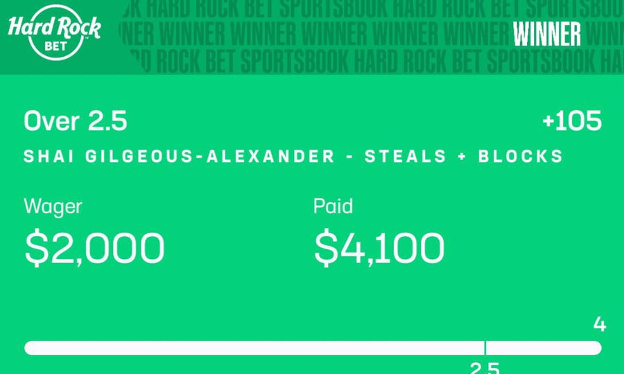 Winning Hard Rock Bet slip — Shai Gilgeous-Alexander over 2.5 steals + blocks, $2,000 wager paid $4,100