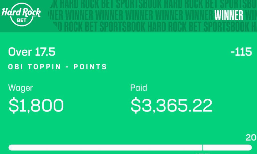 Winning Hard Rock Bet slip — Obi Toppin over 17.5 points, $1,800 wager paid $3,365.22
