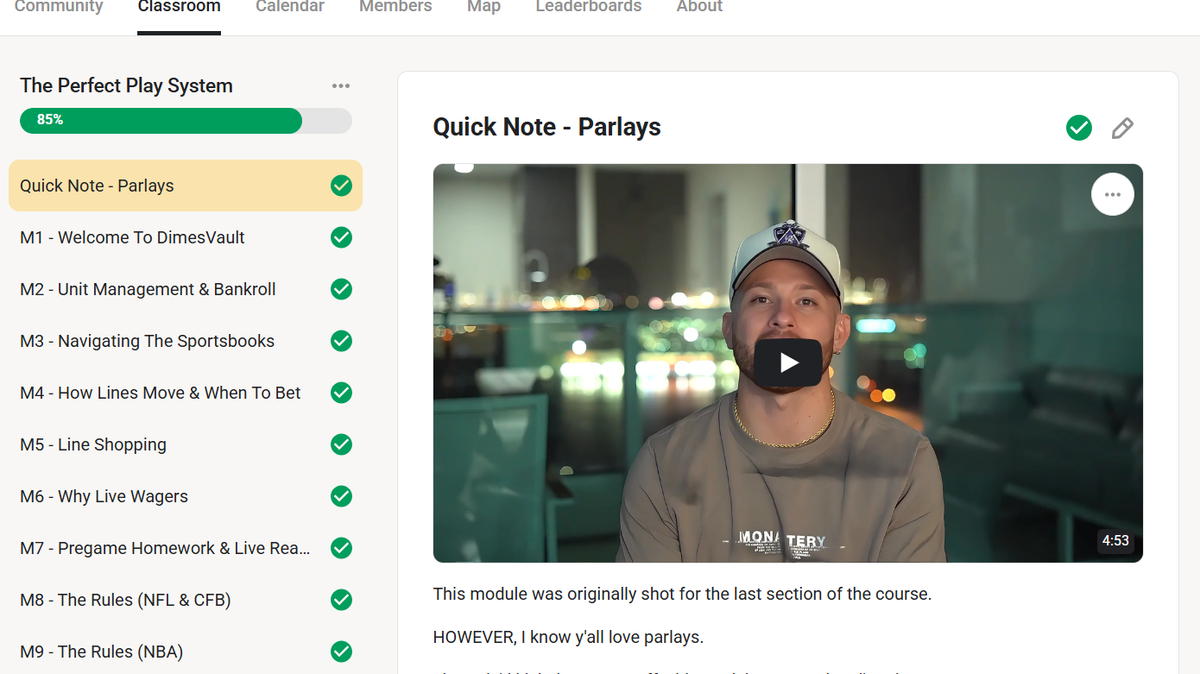 Inside the DimesVault classroom — The Perfect Play System course, 14 modules on Skool