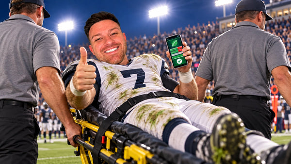 David Metcalf of DimesVault carried off the field on a stretcher giving a thumbs-up while holding a betting app &mdash; what happens to my bet if player gets injured