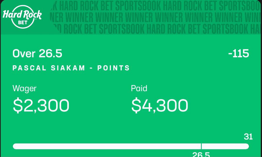 Winning Hard Rock Bet slip — Pascal Siakam over 26.5 points, $2,300 wager paid $4,300