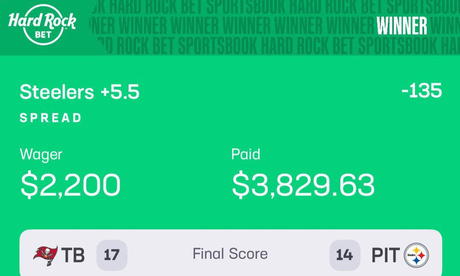 Winning Hard Rock Bet slip — Steelers +5.5 spread, $2,200 wager paid $3,829.63